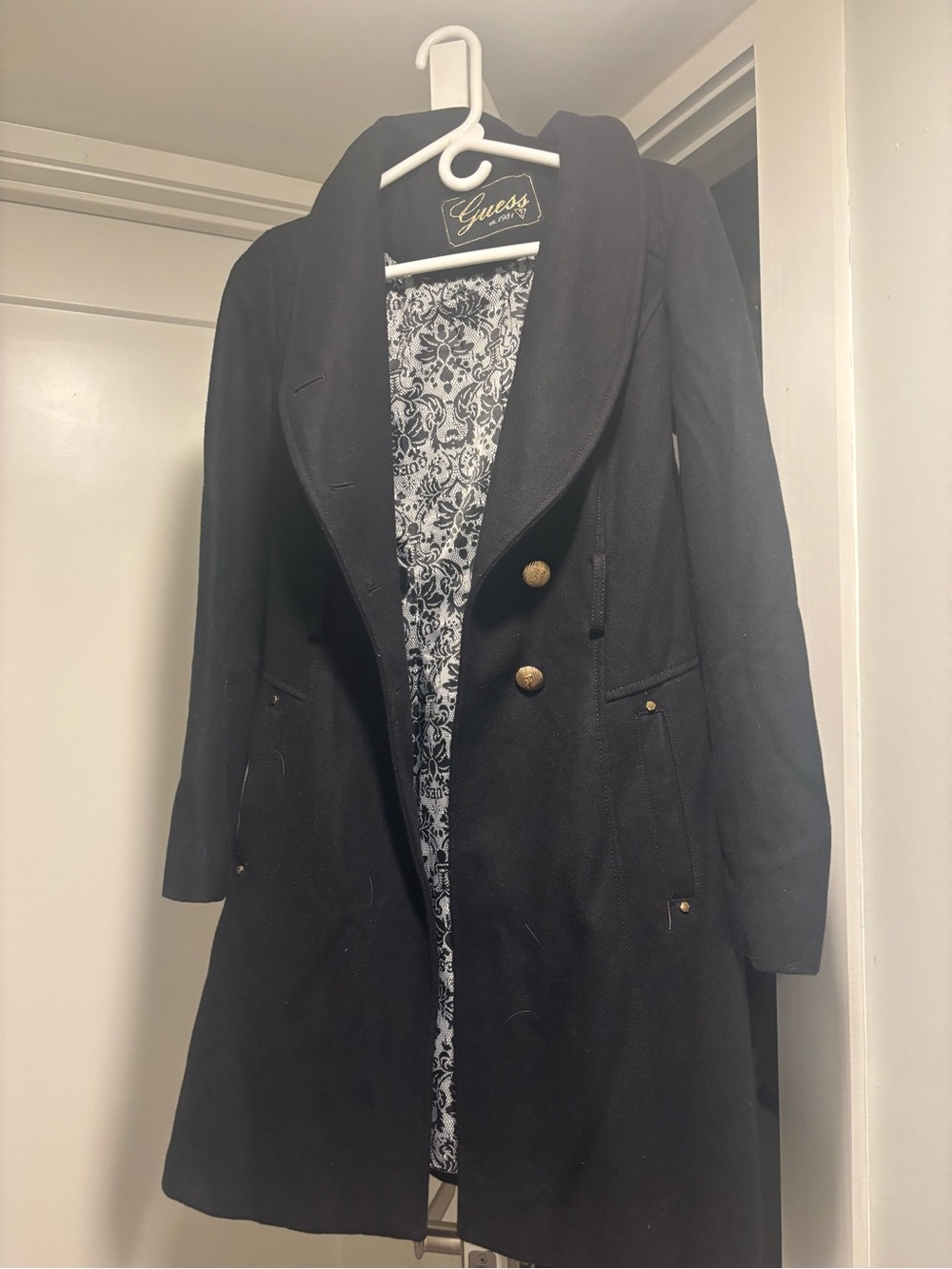 Guess Black Double-Breasted Pea Coat with Gold Buttons